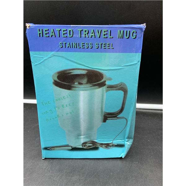 Heated stainless steel travel mug with 12 volt adapter for you car