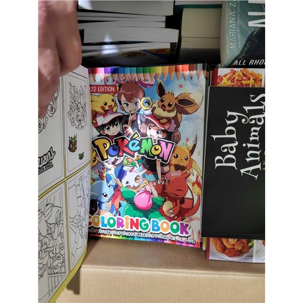 Large Box Lot - Assorted Childrens & Adults Coloring Books, Recipe Books, Paper Back Novels, Self He