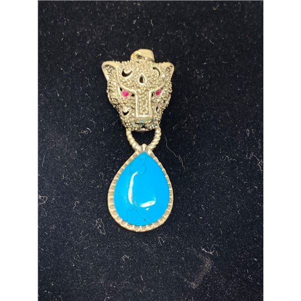 Natural Turquoise 10.18 Carat Cabochon Cut Stone Set in .925 Silver Panther Pendant with Appraisal C