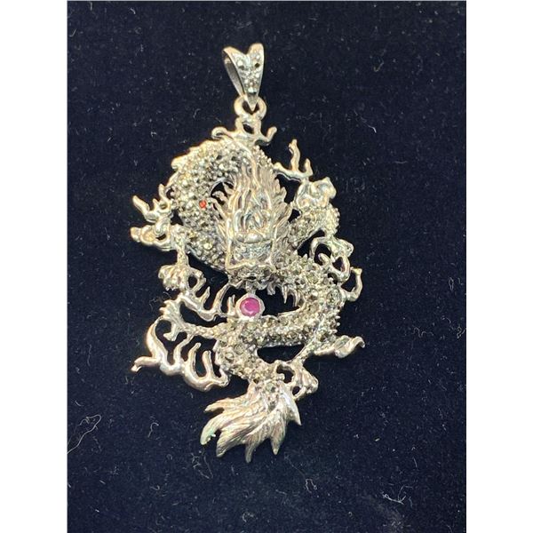 Game of Thrones .925 Silver Sculpted Dragon .50 Carat Round cut Ruby Pendant with Appraisal Certific