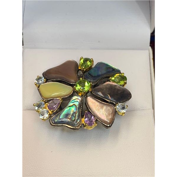 Natural Peridot, Aquamarine & Mother of Pearl Floral Cluster 8.26 Carat Stone Ring with Appraisal Ce