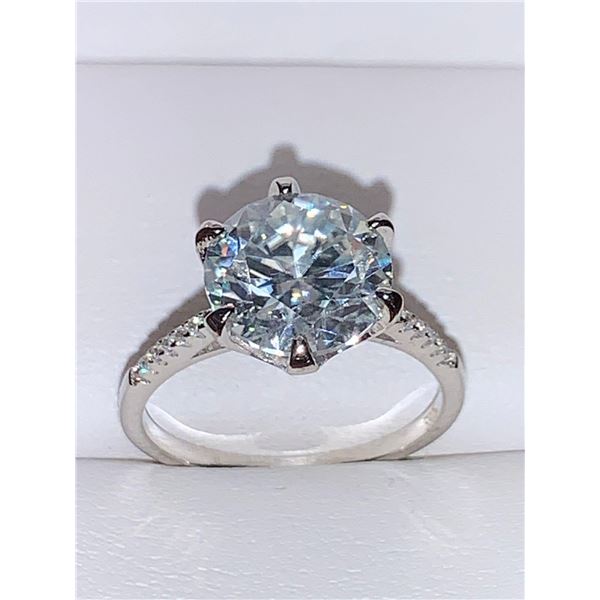 Blue Moisanite 5.14 Carat Solitaire Ring Sterling .925 Silver Rhodium Plated Includes Appraisal Cert