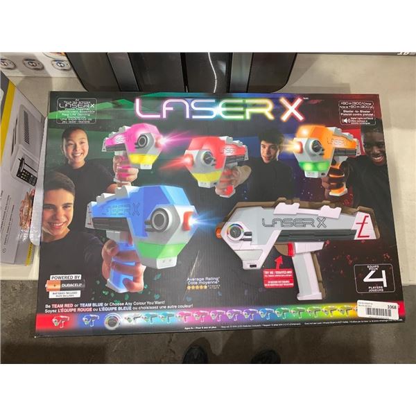 Laser X includes 4 laser x b2 blasters with color lighting effects.