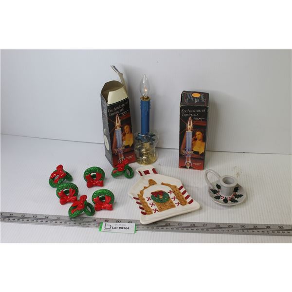 Christmas Decor Items - (2) Battery Operated Candles - Candle Holder - Napkin Rings - Ceramic Utensi