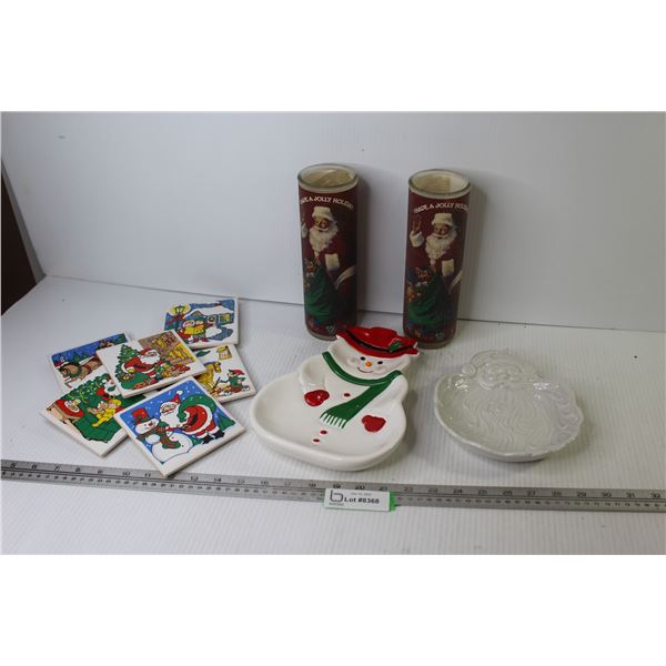 Christmas Items - Tall Glass Candles - Snowman Dish - Santa Face Dish - Tile Coasters