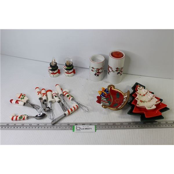 Christmas Items - Ceramic Tree Dishes - Candle holders - (2) Snowman Toothpick Holders - Ceramic Cut