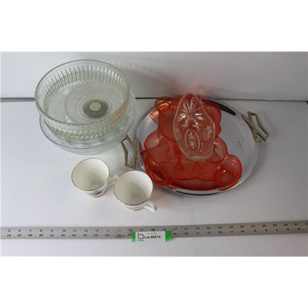 (2) Sadler Wellington Tea Cups, Trays, Glass Bowls, Pedestal Plate, etc.