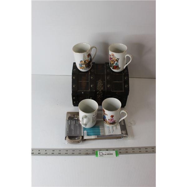 (4) Norman Rockwell Mugs, Chest-Like Jewellery Box, Shower Curtain