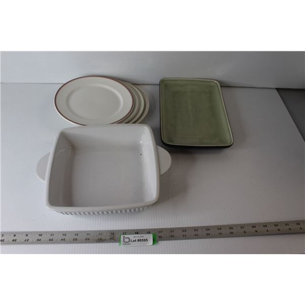 (4) Plates, Stoneware Casserole Dish, Ceramic Tray