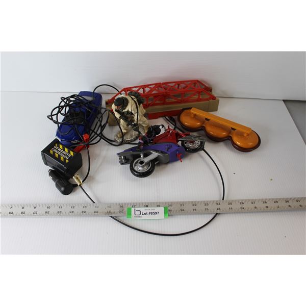 Dynamite Crossing Toy Bridge, Toy Car, Toy Motorcycle, Mini-Burger Press, Military Figure, Lighter P