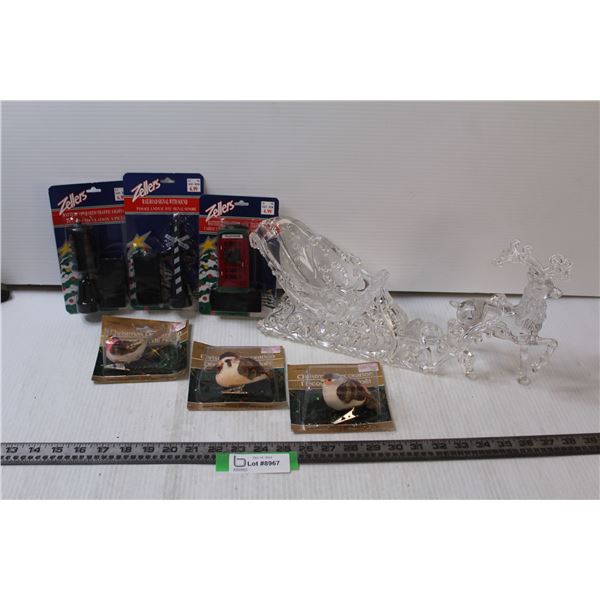 Clear Santa Sleigh w/ Reindeer, (3) Village Street Decor, (3) Christmas Birds