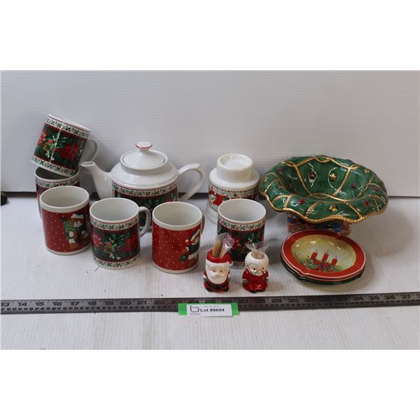 (6) Christmas Mugs, Christmas Tea Pot, Mr & Mrs Claus Toothpick Holders, Tea Light Holder, (4) Ashtr