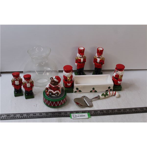 Nutcracker Themed Salt & Pepper Shakers, Candleholders, Cheese slicer, Nut Tray (One Nutcracker Brok