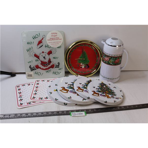 Christmas Themed Glass Cutting Board, Battery Powered Clock (untested), Coffee Pot, (2) Placemats, (