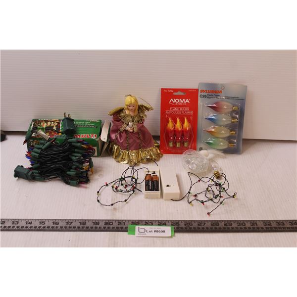 Christmas Lot: Multi-colored Lights (works) Angel Ornament (Untested, Attaches to Light strand), Rep