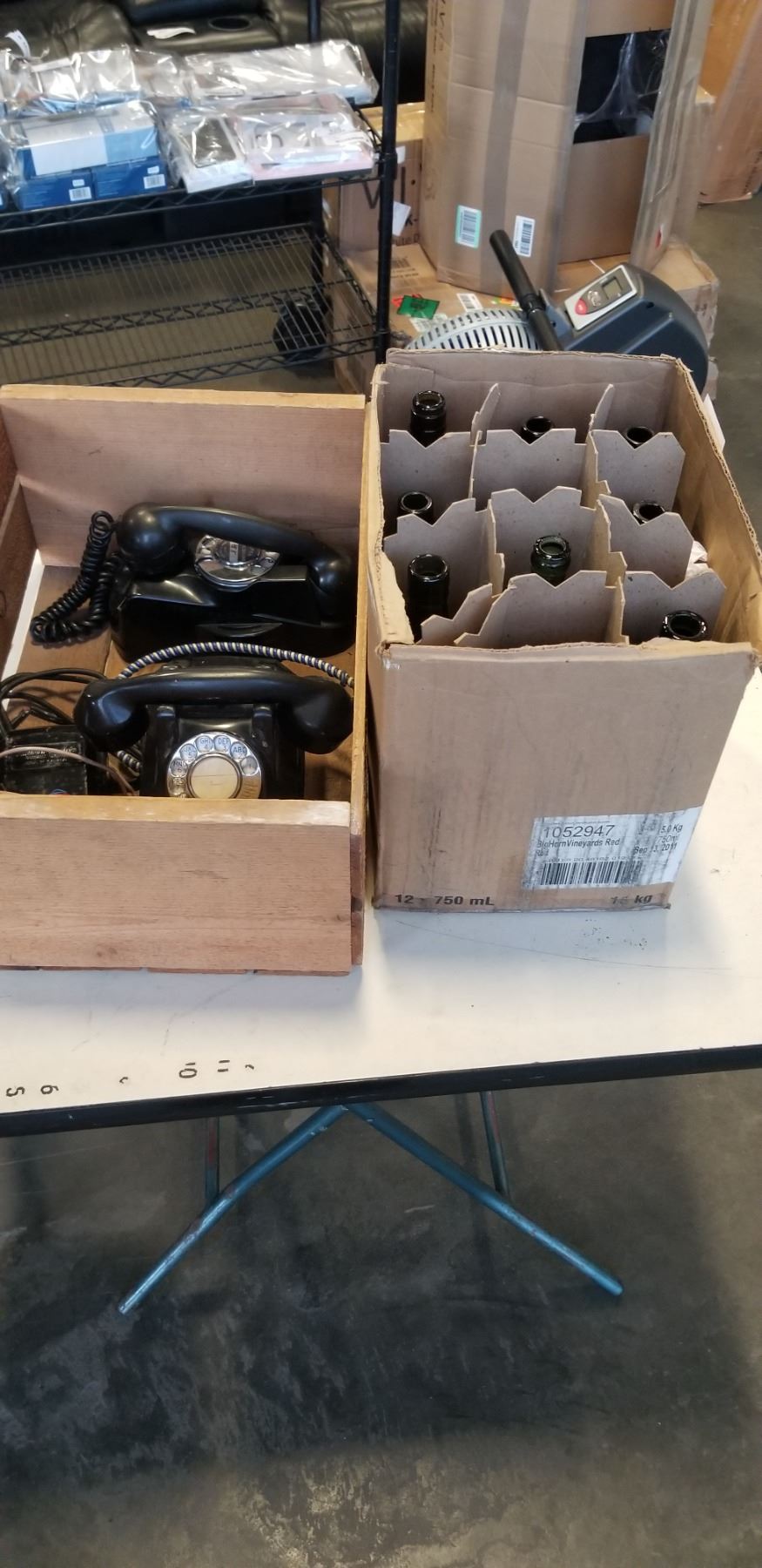 Extra Ringer 2 VINTAGE PHONES W/ EXTRA RINGER AND CASE OF VINTAGE GLASS WINE BOTTLES