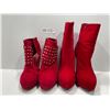 Image 1 : Red Suede Stilleto Boots With Floral Design On Heel And Beyond Red Suede Studded Pumps Both Womens 7