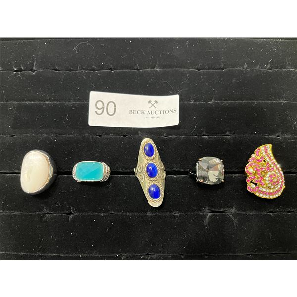 Collection Of 5 Vintage Colourful Chunky Costume Rings Range From Size 6-7