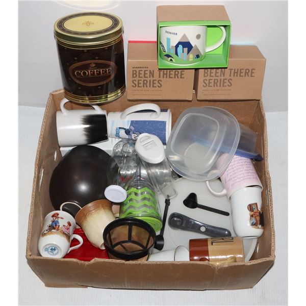 BOX OF KITCHEN ITEMS, CUPS ECT