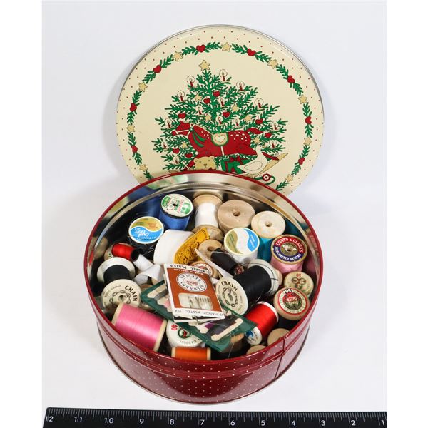 CHRISTMAS TIN FULL OF VINTAGE SEWING THREAD