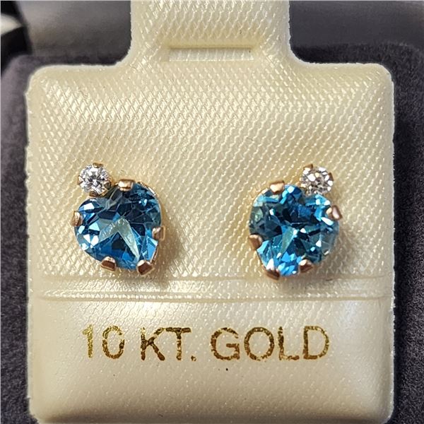 10K YELLOW GOLD BLUE TOPAZ AND CZ EARRINGS