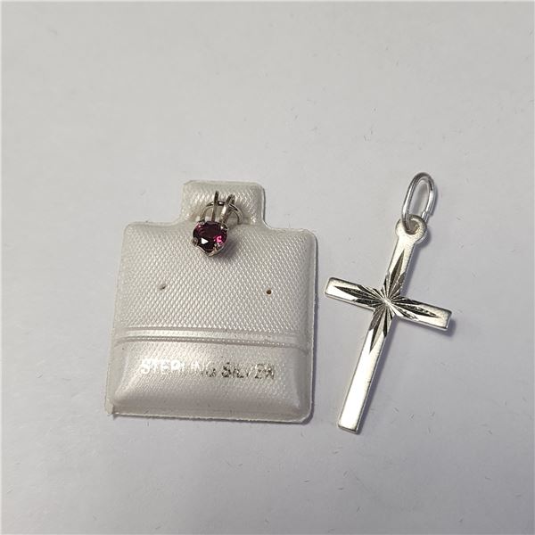 SILVER GARNET AND CROSS 2 PENDANT SET