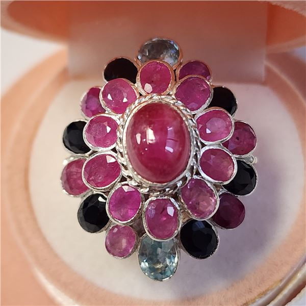 SILVER RUBY AND SAPPHIRE RING (~SIZE 7.75)