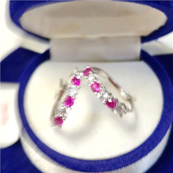 SILVER CREATED RUBY HOOP EARRINGS