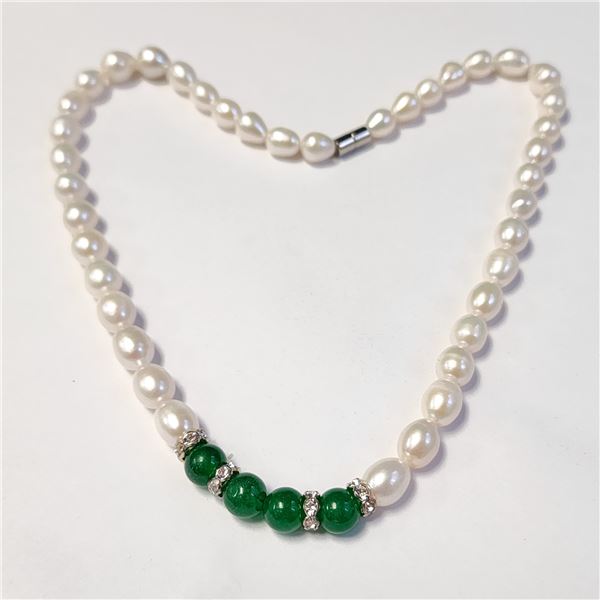 FRESH WATER PEARL JADE AND CZ 16" NECKLACE