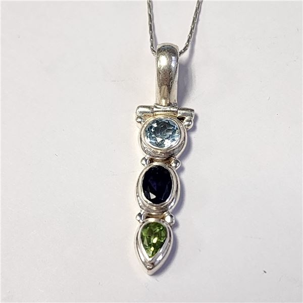 SILVER LOLITE BLUE TOPAZ AND PERIDOT 16" NECKLACE