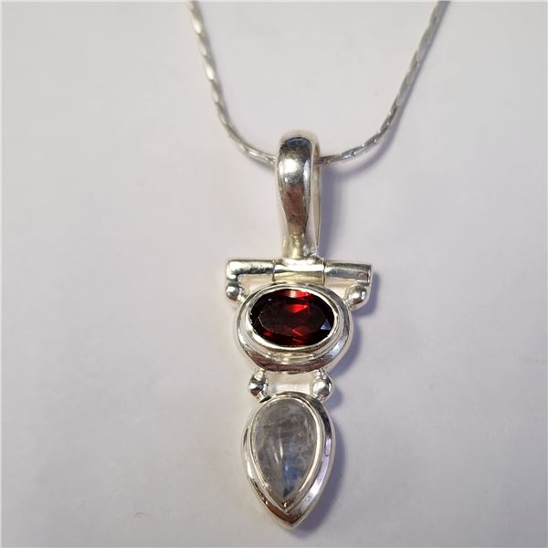 SILVER GARNET AND MOONSTONE 16" NECKLACE