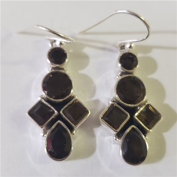 SILVER SMOKEY QUARTZ EARRINGS(~WEIGHT 6.52G)