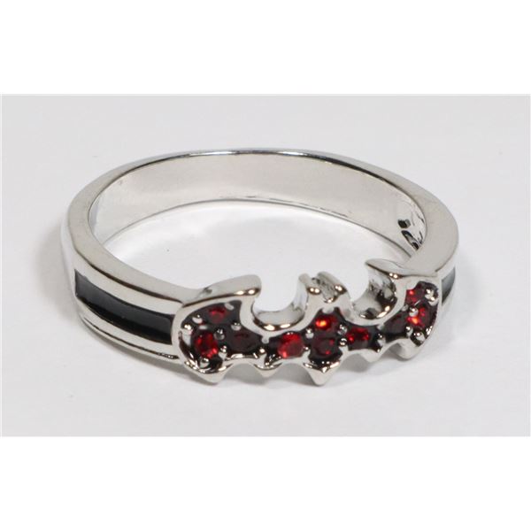 SIZE 9 BATMAN THEME RING. HAS RED RHINESTONE