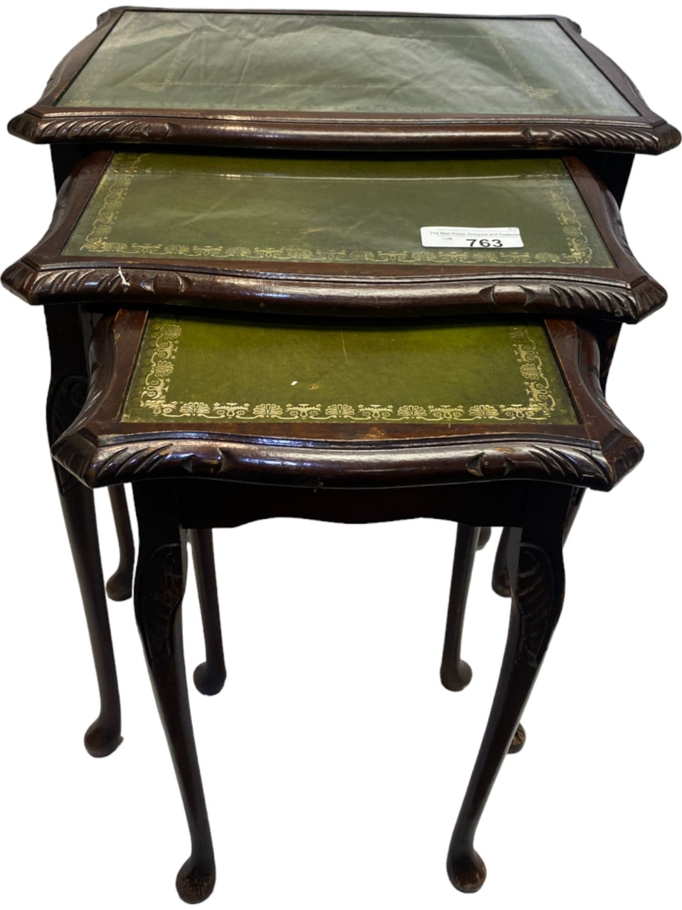 Set Of 3 Antique Nesting Tables With Leather Tops, Biggest Table Has