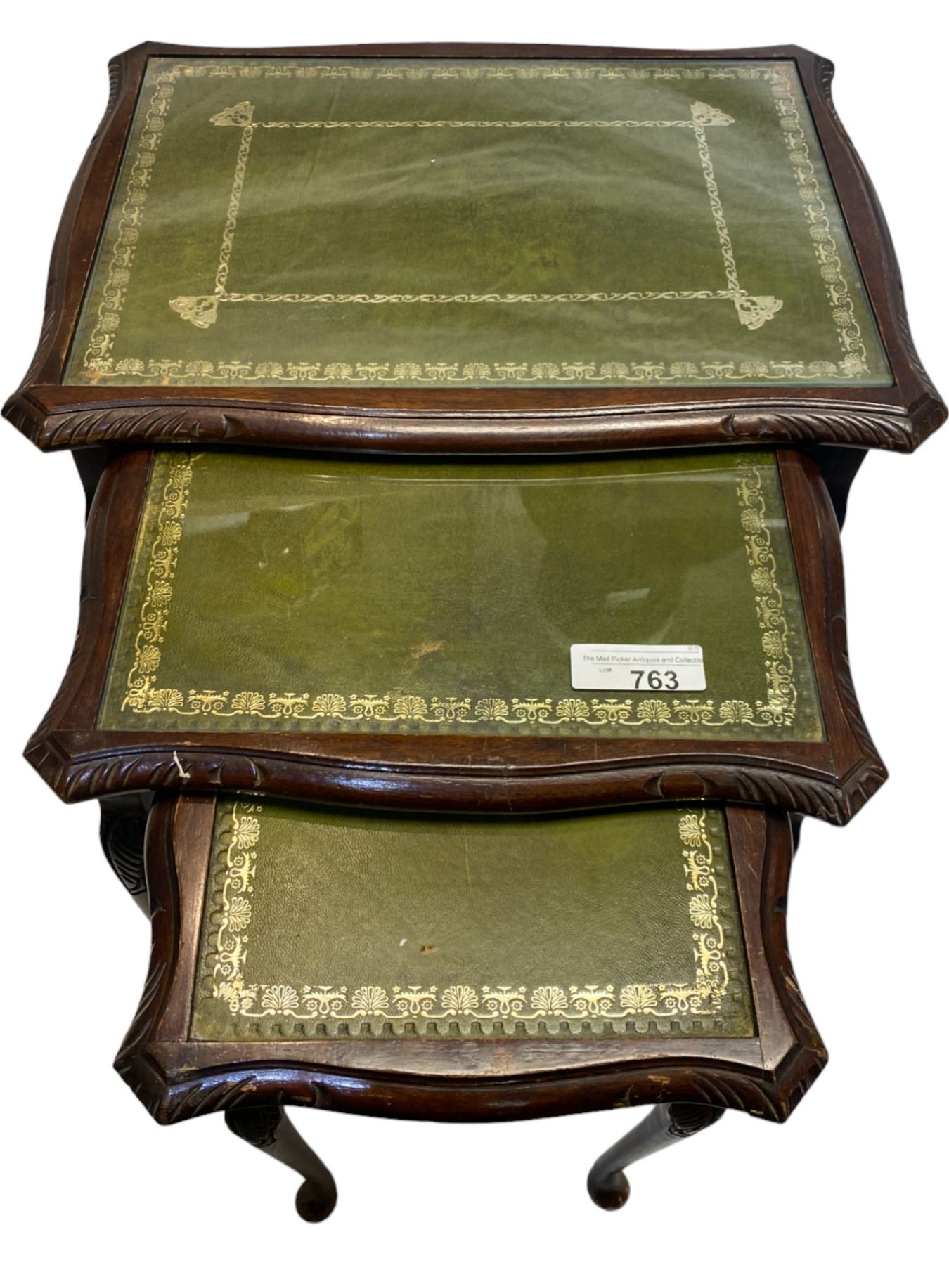 Set Of 3 Antique Nesting Tables With Leather Tops, Biggest Table Has