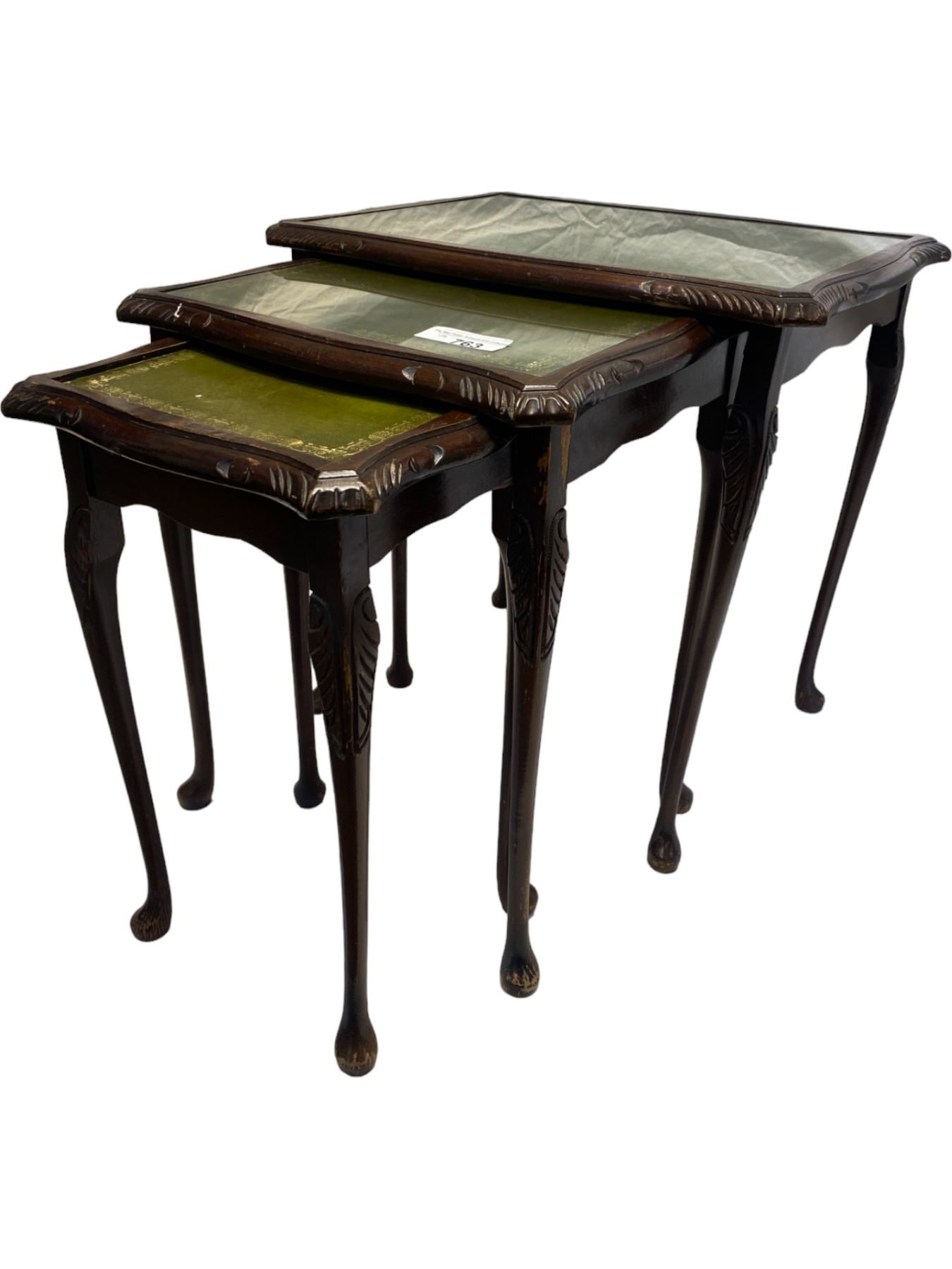 Set Of 3 Antique Nesting Tables With Leather Tops, Biggest Table Has