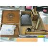 Image 1 : MISC. COLLECTABLES: WOODEN BOX, BUTTER PRESS, CANDLE SNUFFER, ETC.