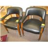 Image 1 : PAIR OF BLACK LEATHER WOOD FRAMED CHAIRS ON CASTORS