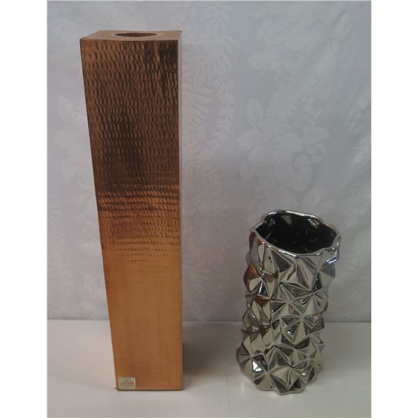 Torre & Tagus Crumpled Silver Cylinder Vase 10"H & Hammered Copper Tall Votive Candleholder 20"H