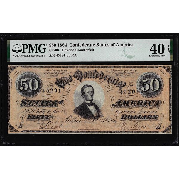 1864 $50 Confederate States Havana Counterfeit Note CT-66 PMG Extremely Fine 40EPQ