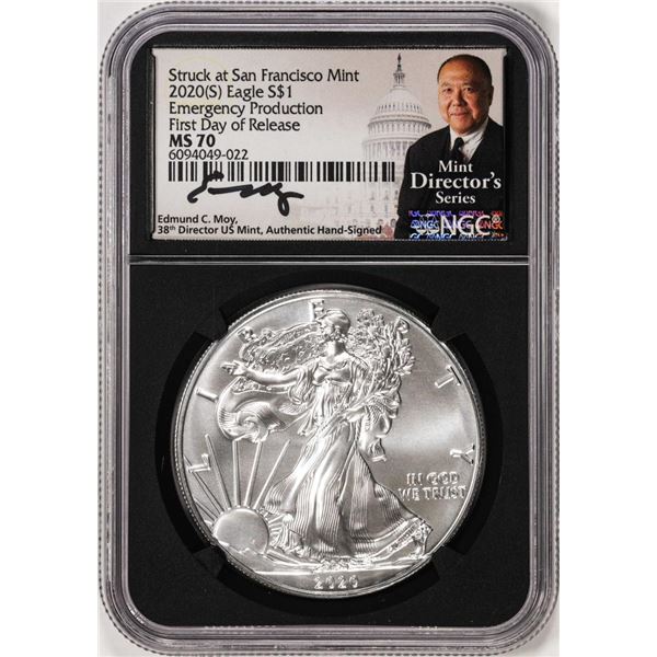 2020(S) $1 American Silver Eagle Coin NGC MS70 First Day of Release Moy Signature