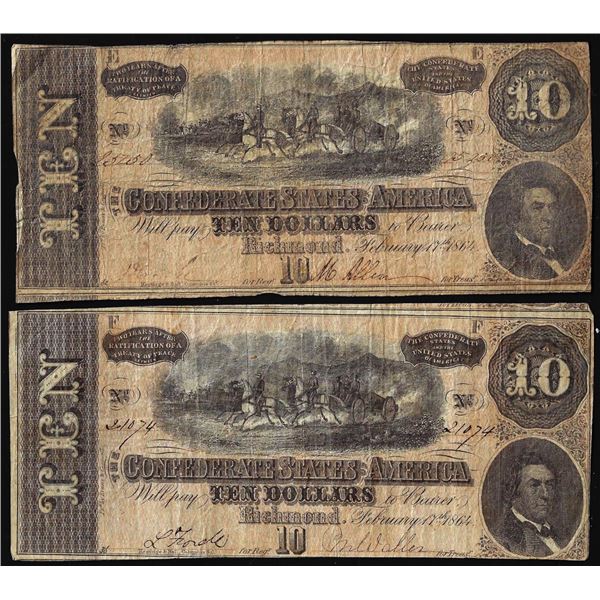 Lot of (2) 1864 $10 Confederate States of America Notes