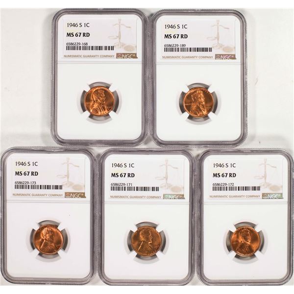 Lot of (5) 1946-S Lincoln Wheat Cent Coins NGC MS67RD