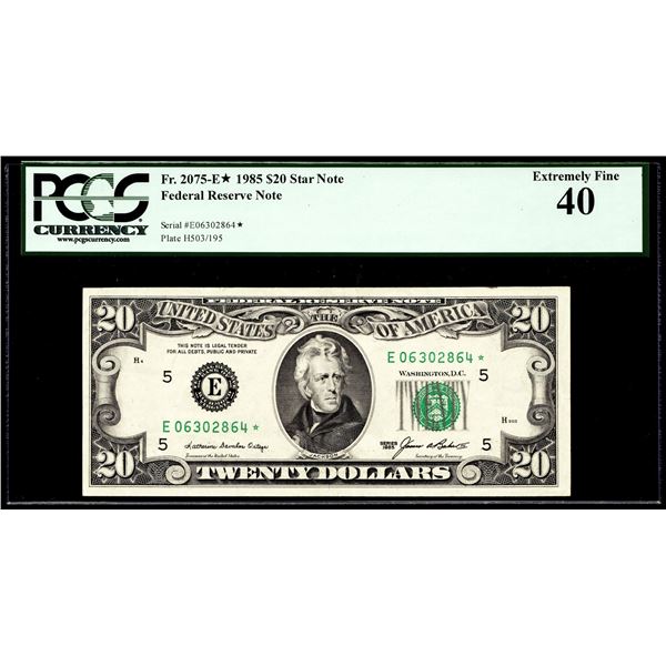 1985 $20 Federal Reserve STAR Note Richmond Fr.2075-E* PCGS Extremely Fine 40
