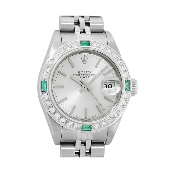 Rolex Ladies Stainless Steel Emerald and Diamond Datejust Wristwatch