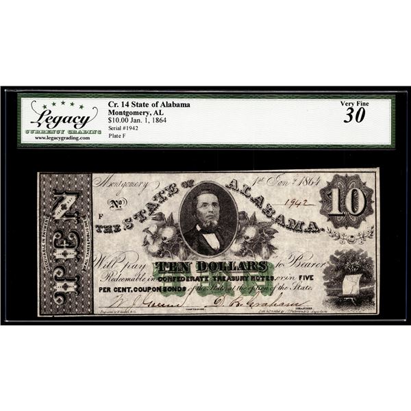 1864 $10 State of Alabama Montgomery, AL Obsolete Note Cr.14 Legacy Very Fine 30