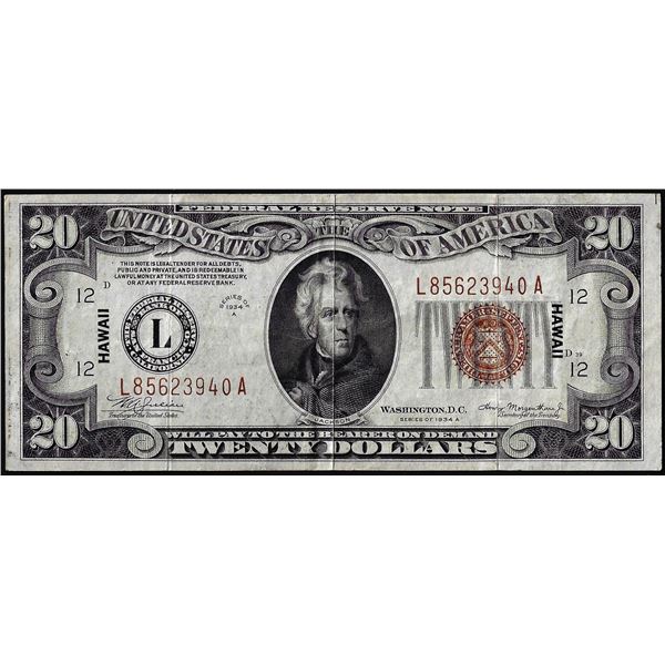 1934A $20 Hawaii WWII Emergency Issue Federal Reserve Note