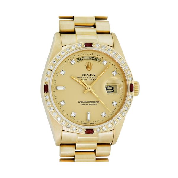 Rolex Men's 18K Yellow Gold Champagne Ruby & Diamond Day Date President Wristwatch