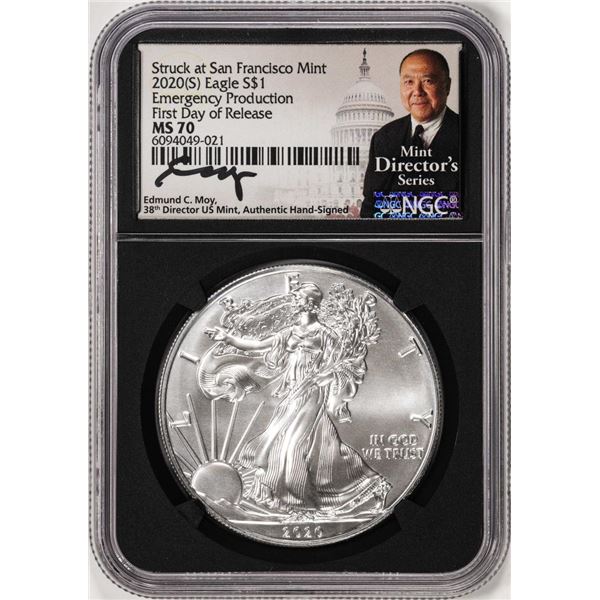 2020(S) $1 American Silver Eagle Coin NGC MS70 First Day of Release Moy Signature