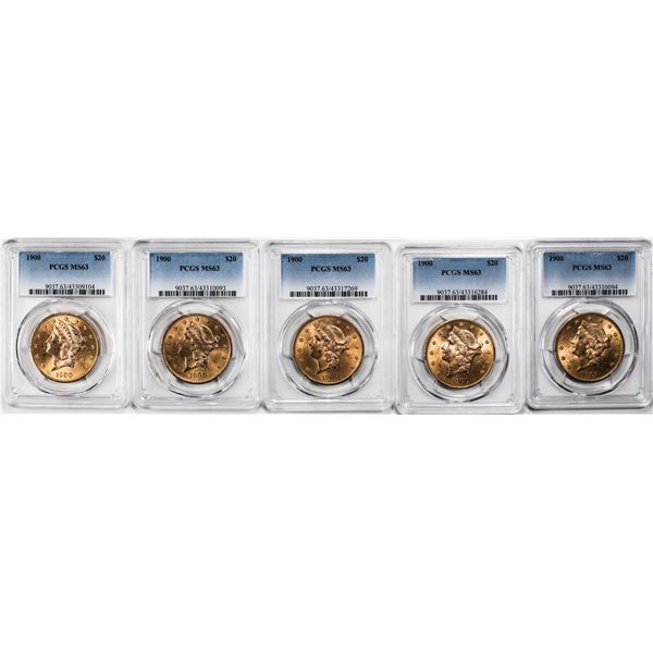 Lot of (5) 1900 $20 Liberty Head Gold Coin PCGS MS63